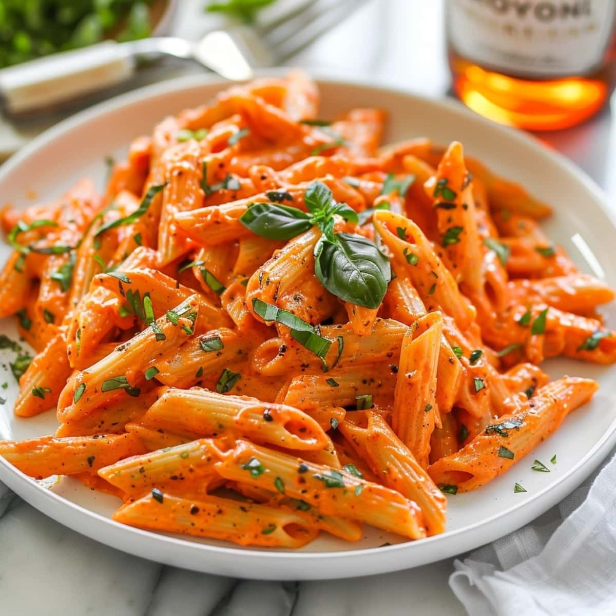 Pasta alla vodka served on a white plate garnished with basil leaves.