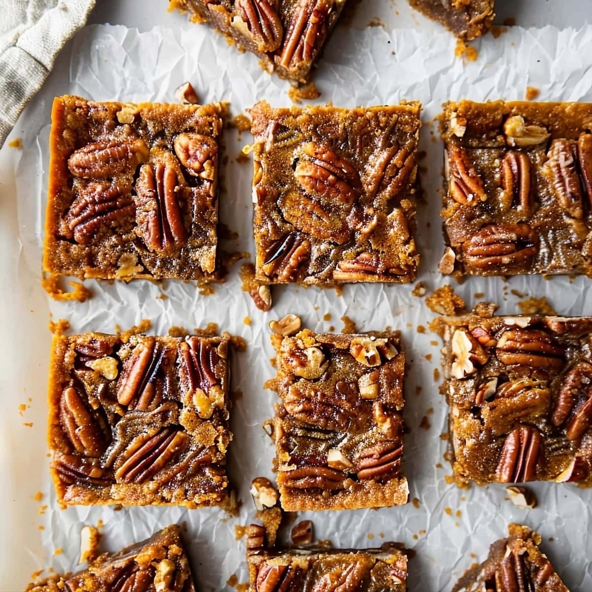 Pecan pie bars arranged on parchment paper.