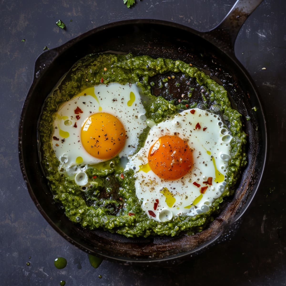 Eggs Frying in Pesto in a skillet