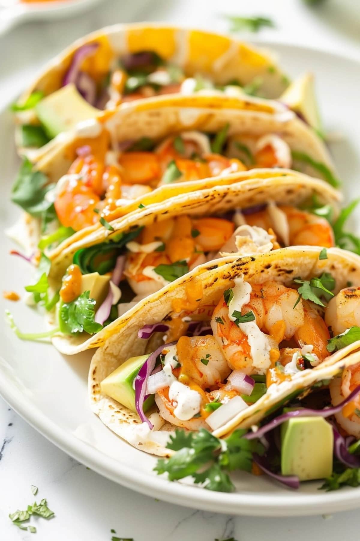 Tacos with shrimp, sliced into cubes avocado, shredded red cabbage, onion, salsa on a white plate.