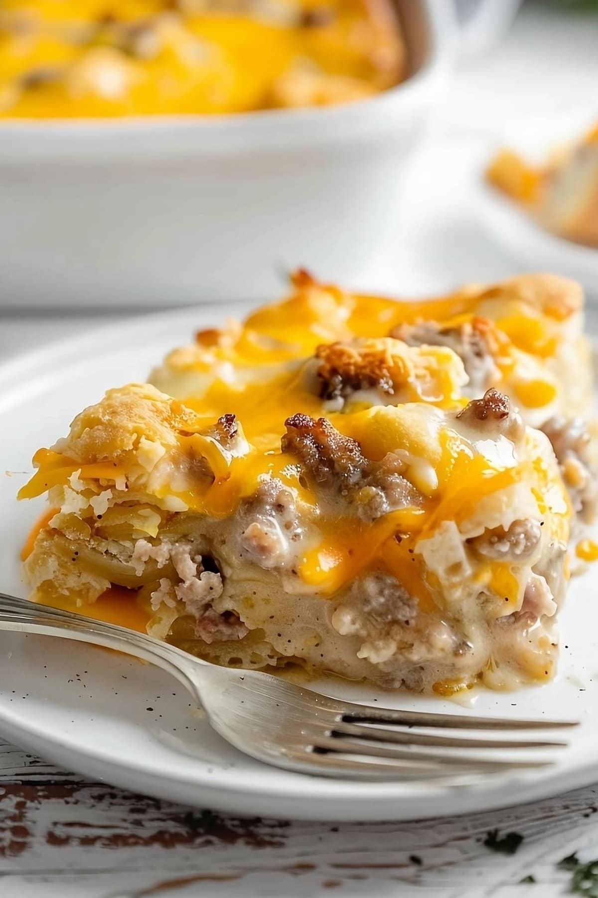 Slice serving of biscuits and casserole in a white plate with fork.