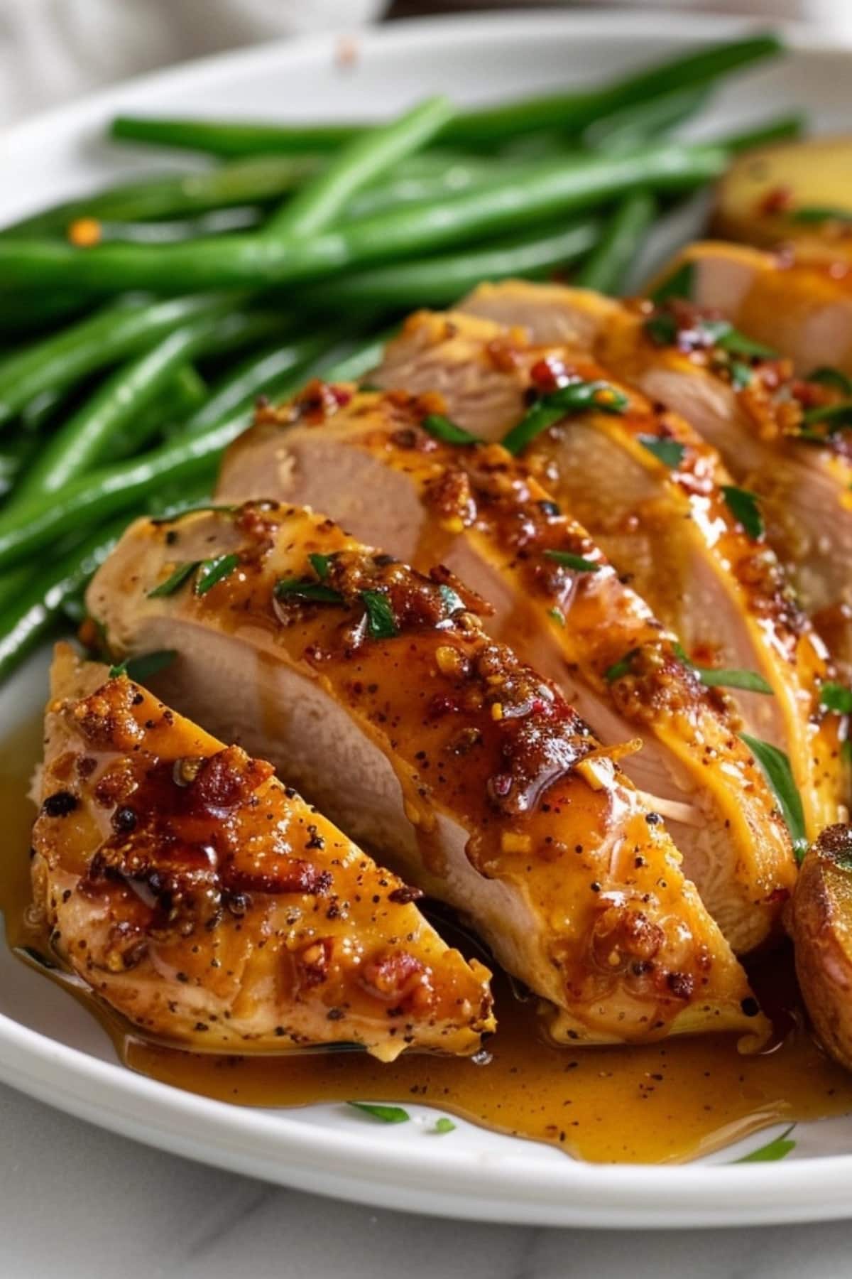 Sliced honey mustard chicken served with green beans.