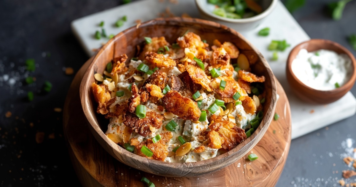 Crispy Smashed Potato Salad in a wooden bowl with dip