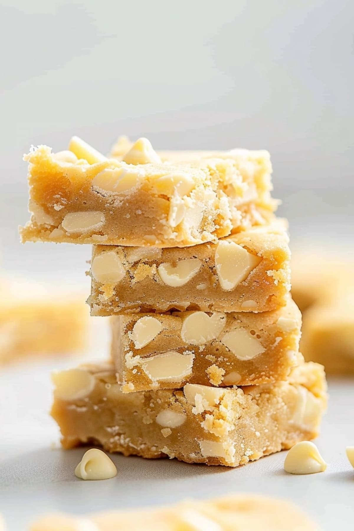 Blondies with white chocolate stacked on a table.