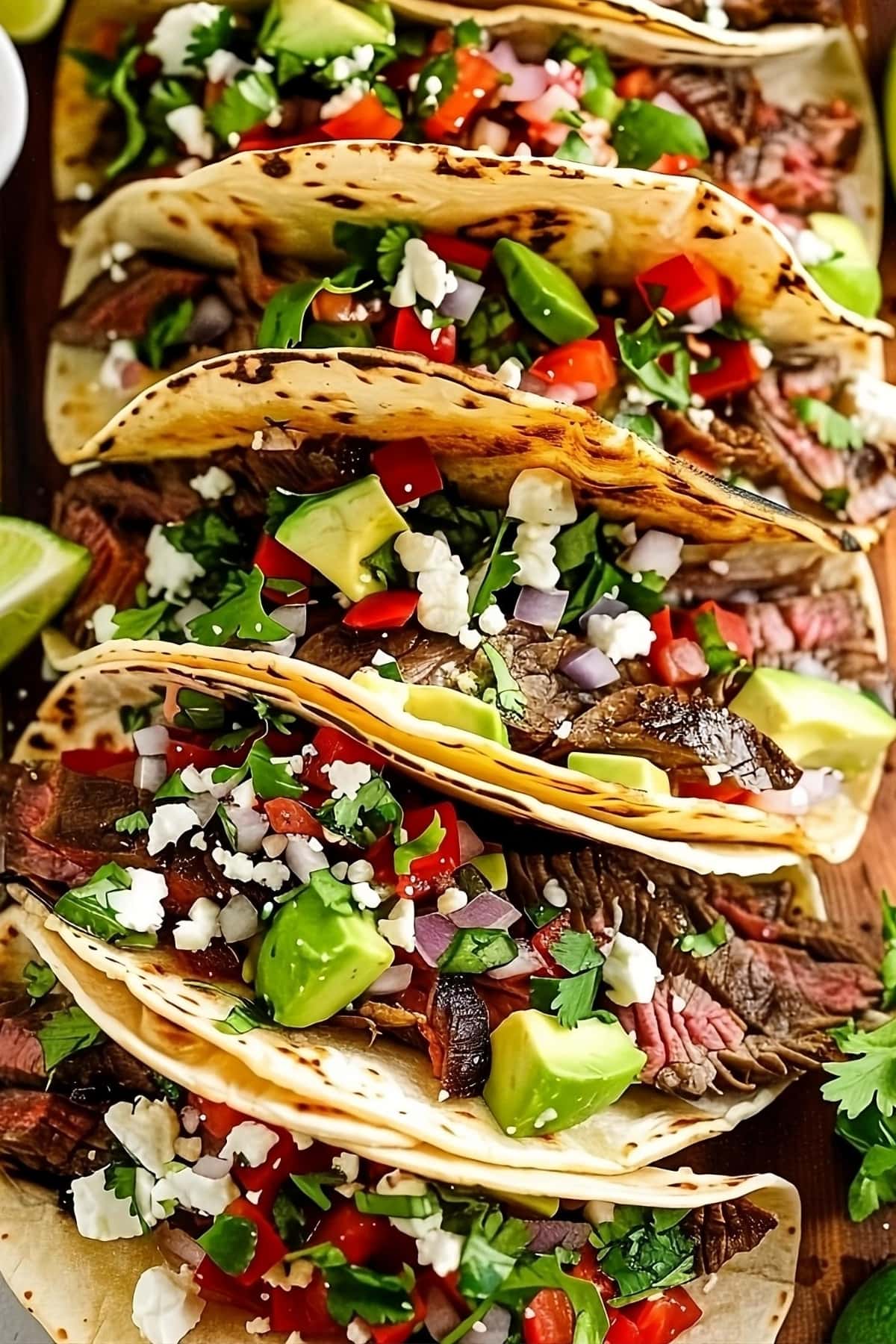 Steak tacos in flour tortillas with, shredded beef, onions and garlic, avocado, cilantro, sour cream, salsa, and cheese on a wooden board.