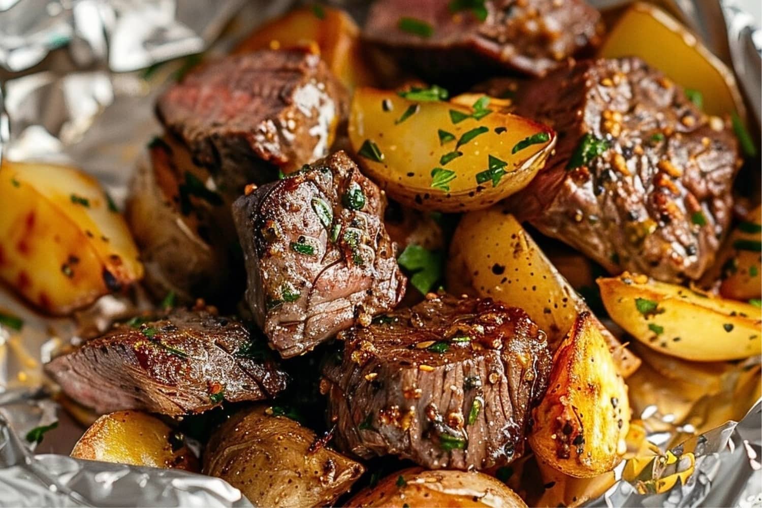 Steak and baby potatoes in a aluminum foil.