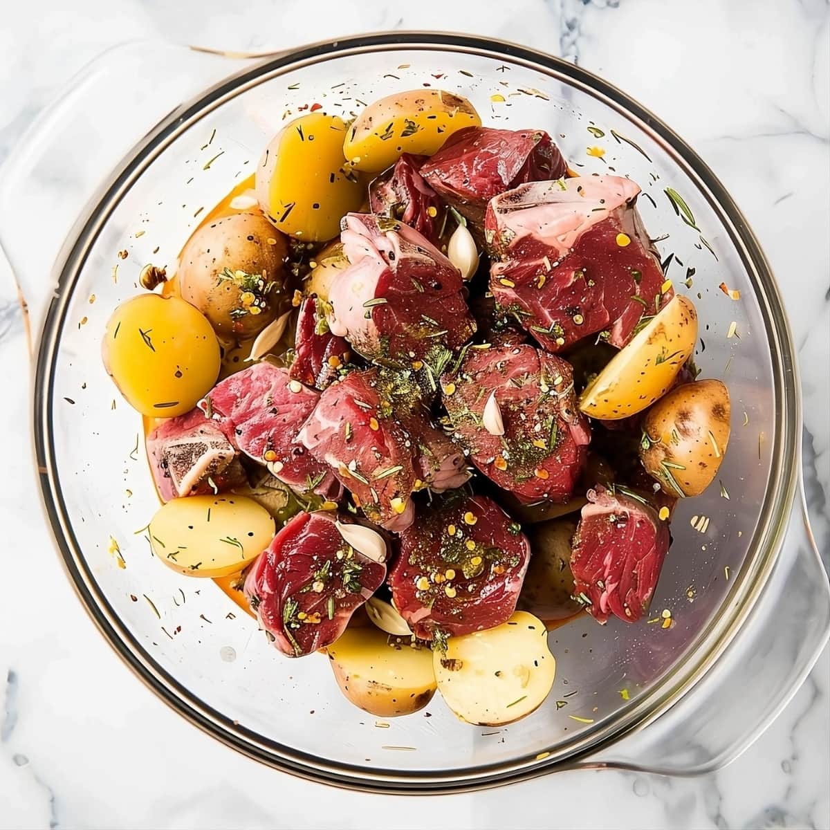 Steak and baby potatoes in a glass bowl seasoned with olive oil, garlic powder, oregano, thyme, paprika, salt and pepper.