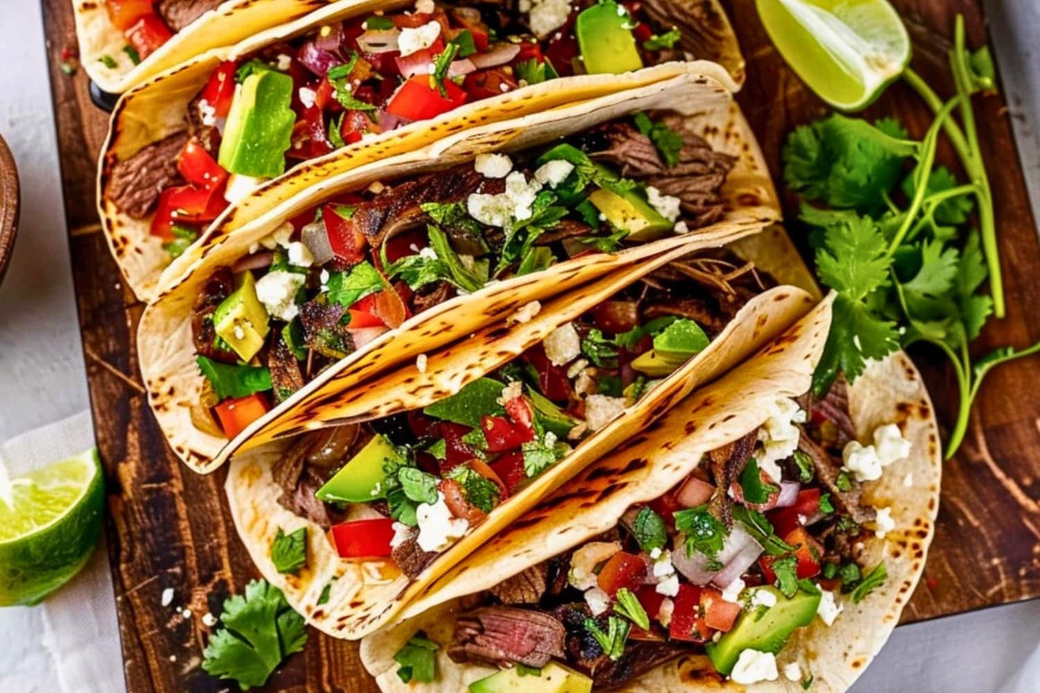 Steak tacos served in a wooden board.