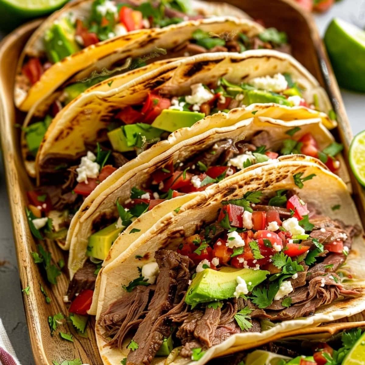 Steak tacos garnished with salsa, sliced avocado, cilantro, lime served in a wooden plate.