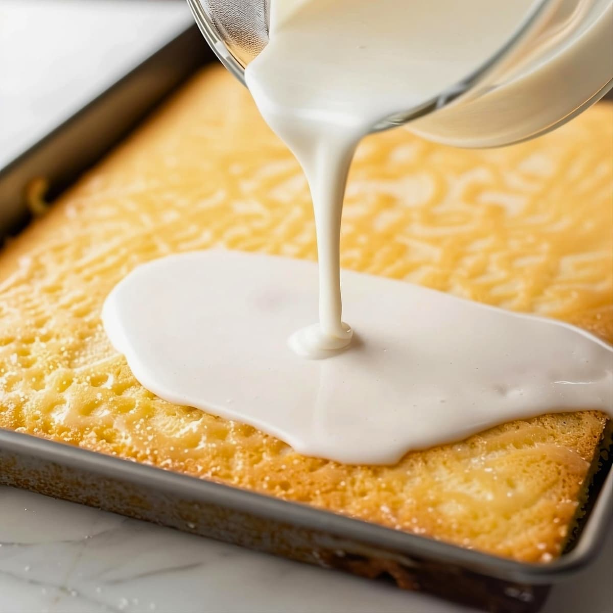 Lemon glaze poured over lemon sheet cake in a pan.