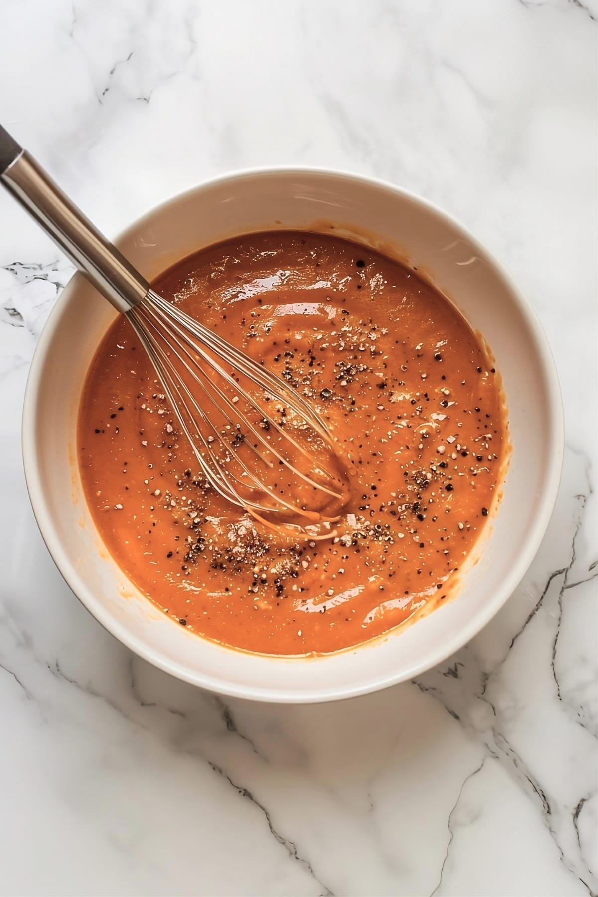 Mixture of  tomato soup, cream of mushroom soup, milk, Worcestershire sauce, salt, pepper, garlic powder, and onion flakes in bowl.