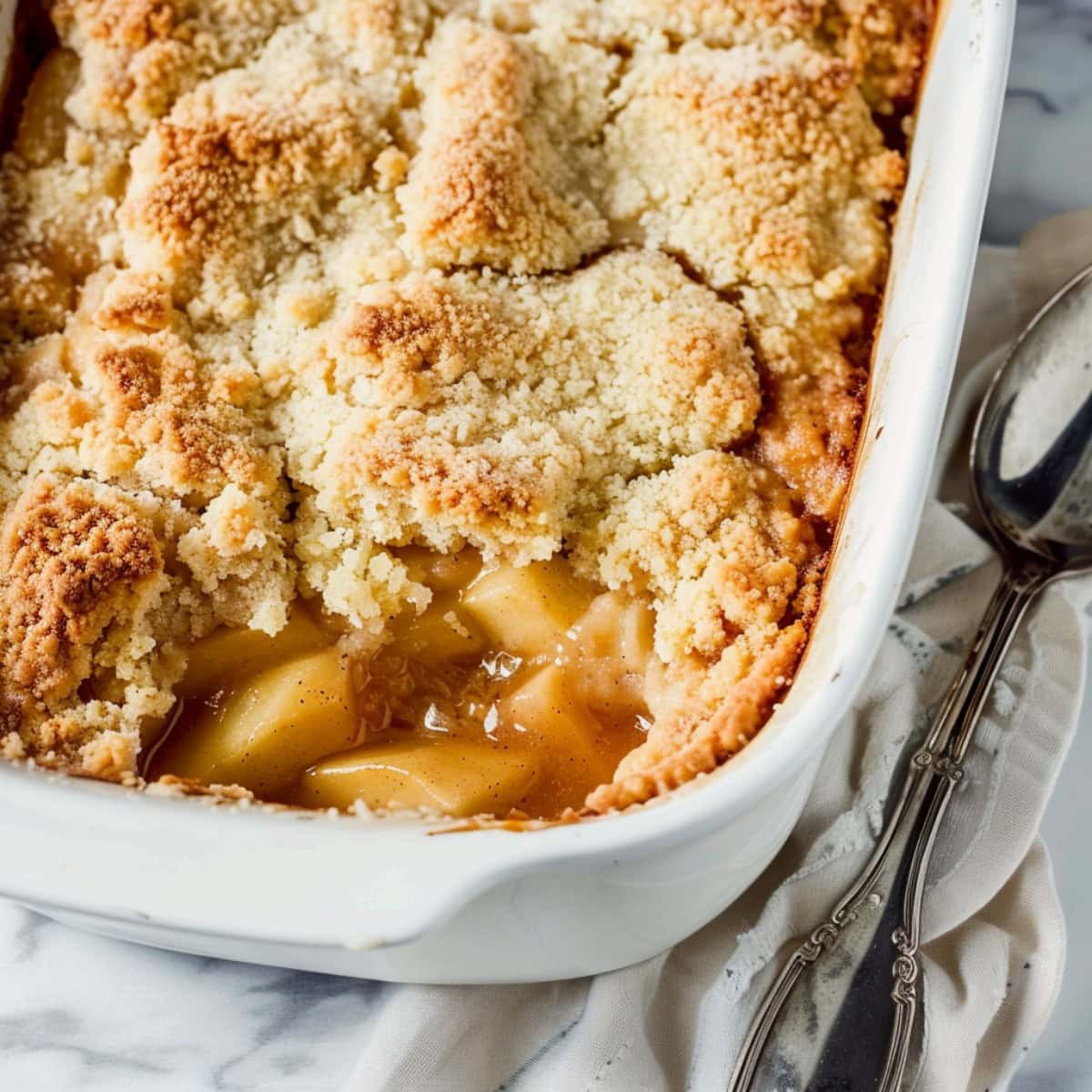 Homemade apple cobbler in a 9x13 white casserole dish 