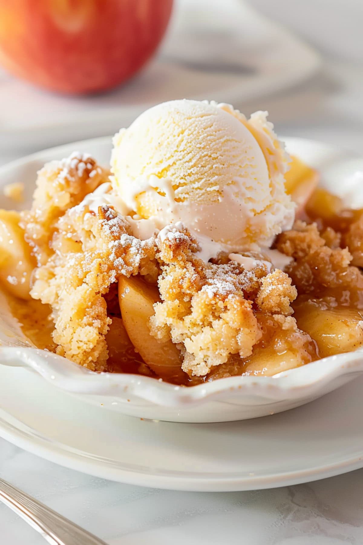 Homemade warm and bubbling apple cobbler topped with ice cream in a white plate