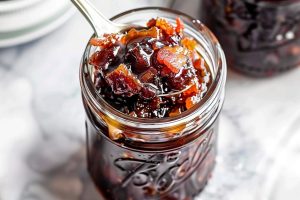 Bourbon bacon jam in mason jar scooped with a spoon.