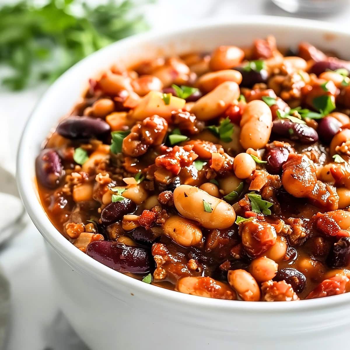 Three bean casserole served in a white bowl.