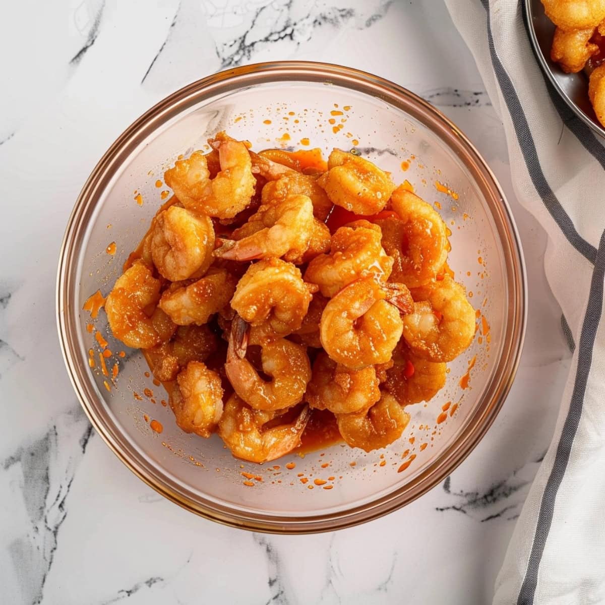 Shrimp tossed in a glass bowl with buffalo sauce.