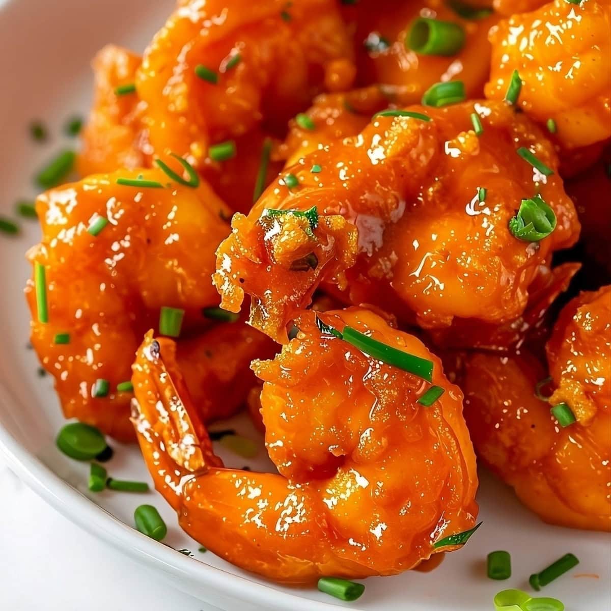 Fried shrimp coated with buffalo sauce served on a white plate garnished with chopped parsley.