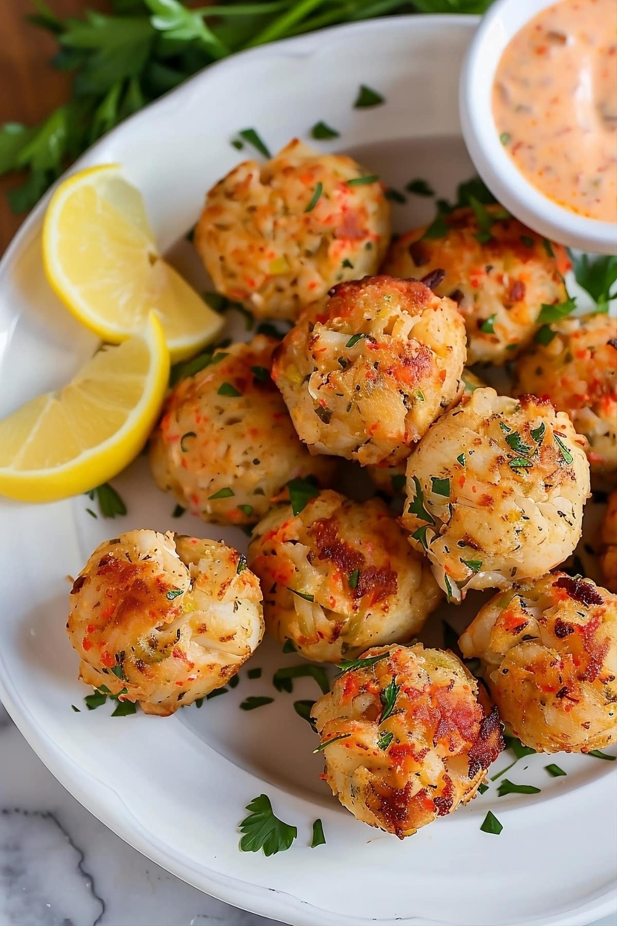 Bunch of fried crab balls in a white plate served with dipping sauce and lemon wedges.