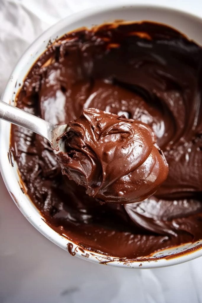 Chocolate ganache in a white bowl