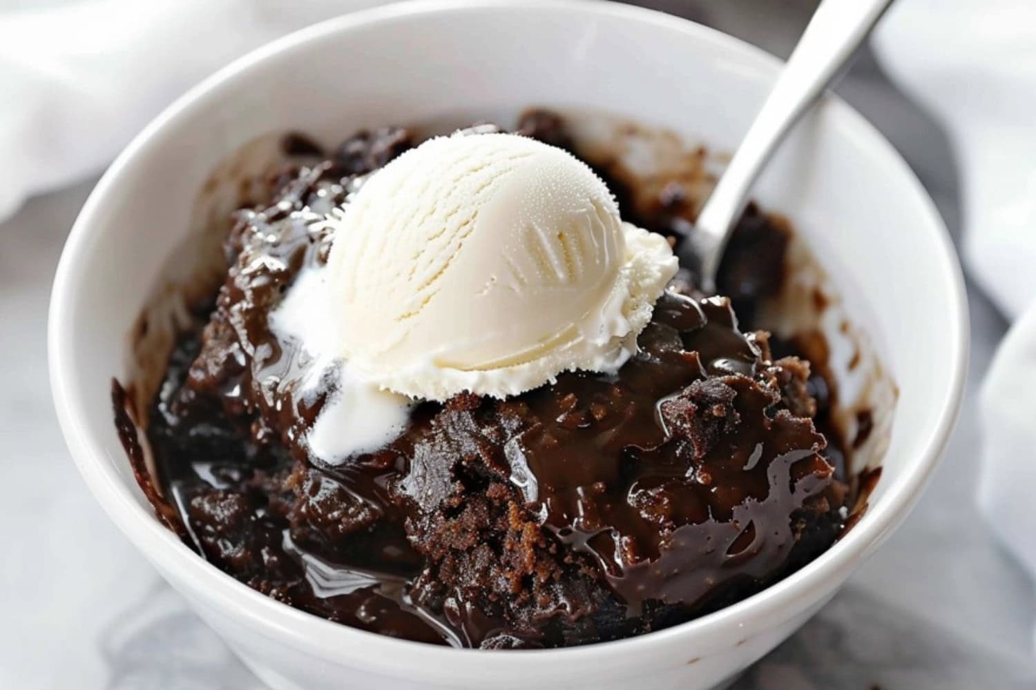 Serving of chocolate cobbler with vanilla ice cream served on a white bowl with spoon.