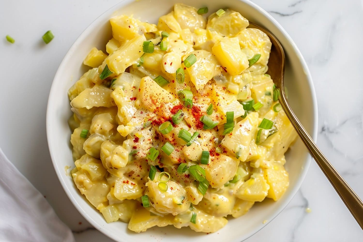 Homemade classic southern potato salad with hard boiled eggs, green onions, pickle relish and paprika