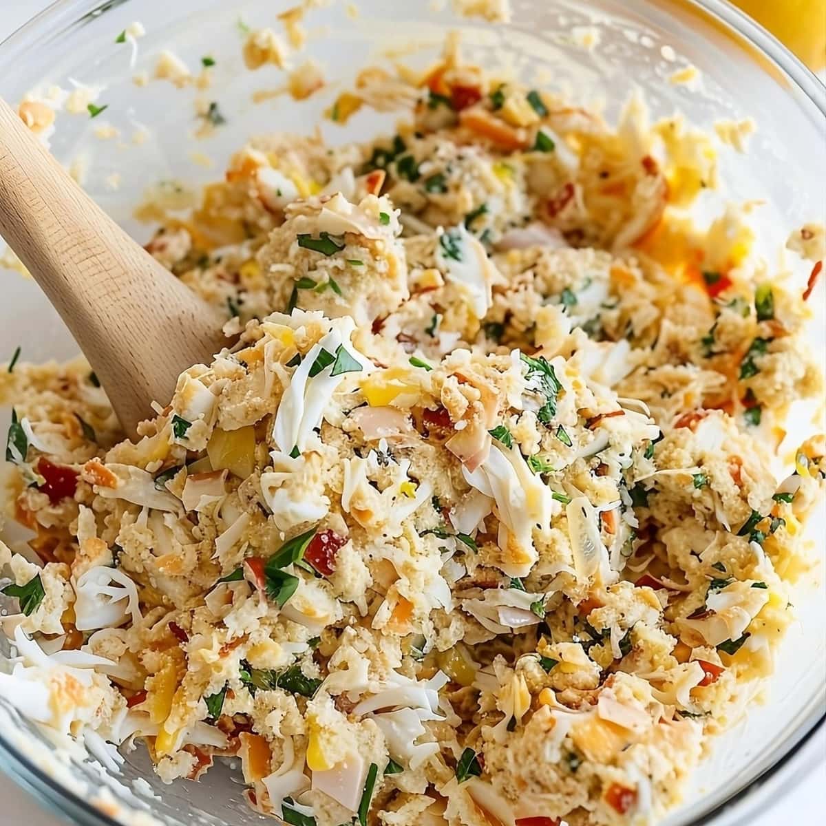 Crab ball mixture in a glass bowl made with crab meat, cracker crumbs, mayonnaise, egg, onion, mustard, parsley, Old Bay, Worcestershire and lemon juice.