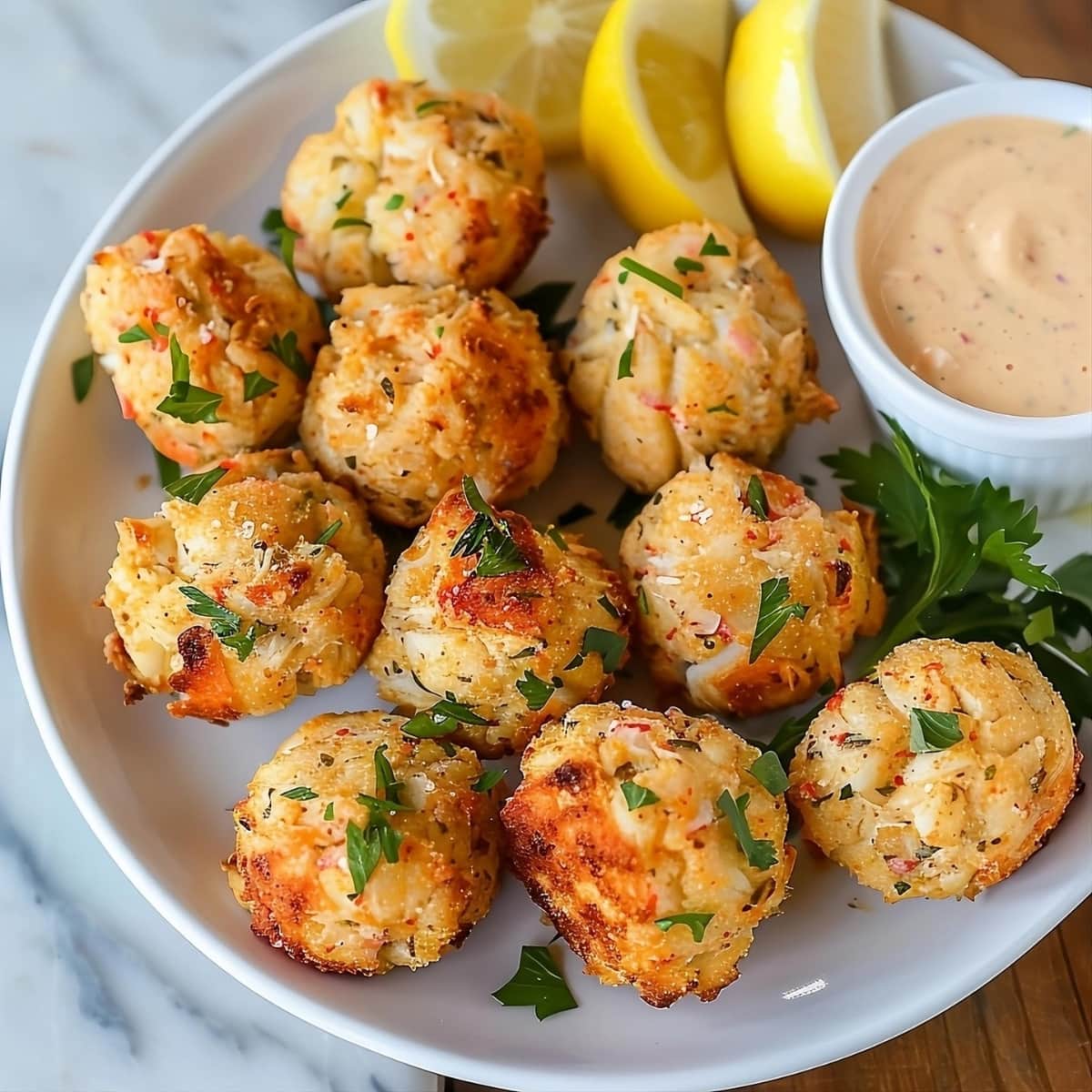 Crab balls in a white plate served with dipping sauce and lemon wedge.