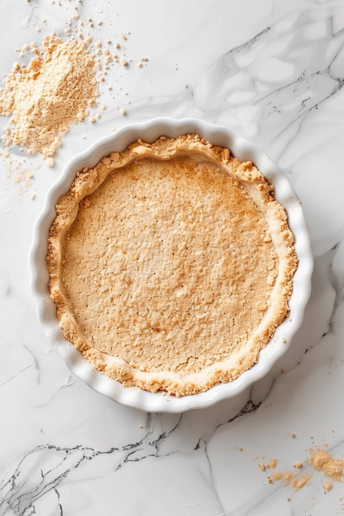 Graham crust in a pie dish on a white marble table.