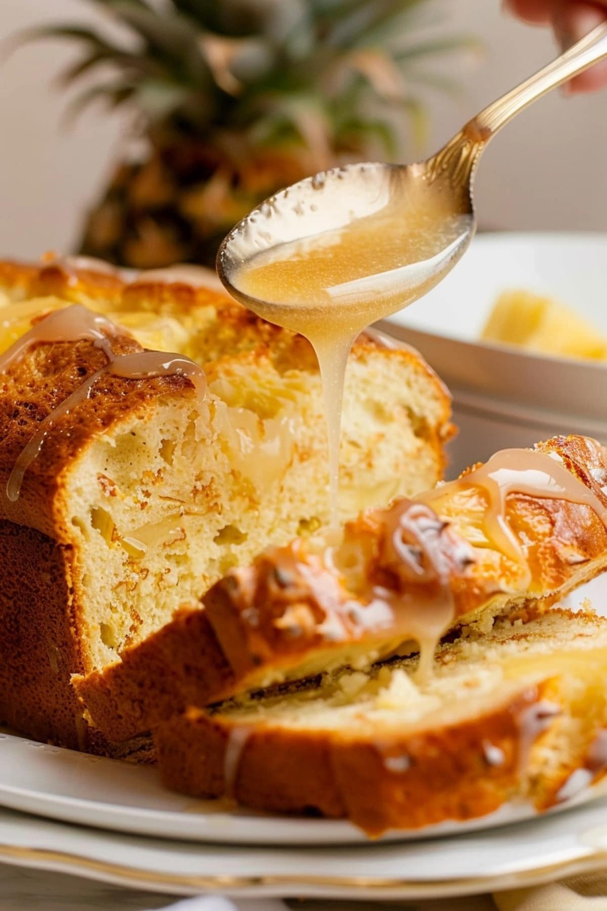 Spoon dripping pineapple glaze over sliced pineapple quick bread.