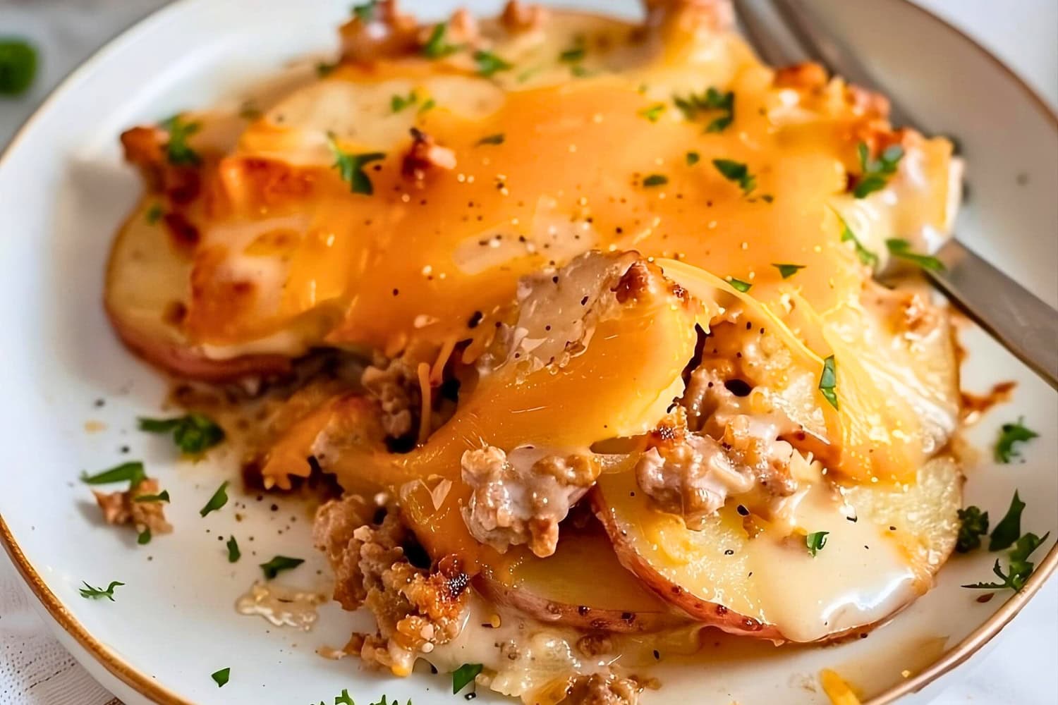 Sausage potato casserole serving in a white plate with fork.