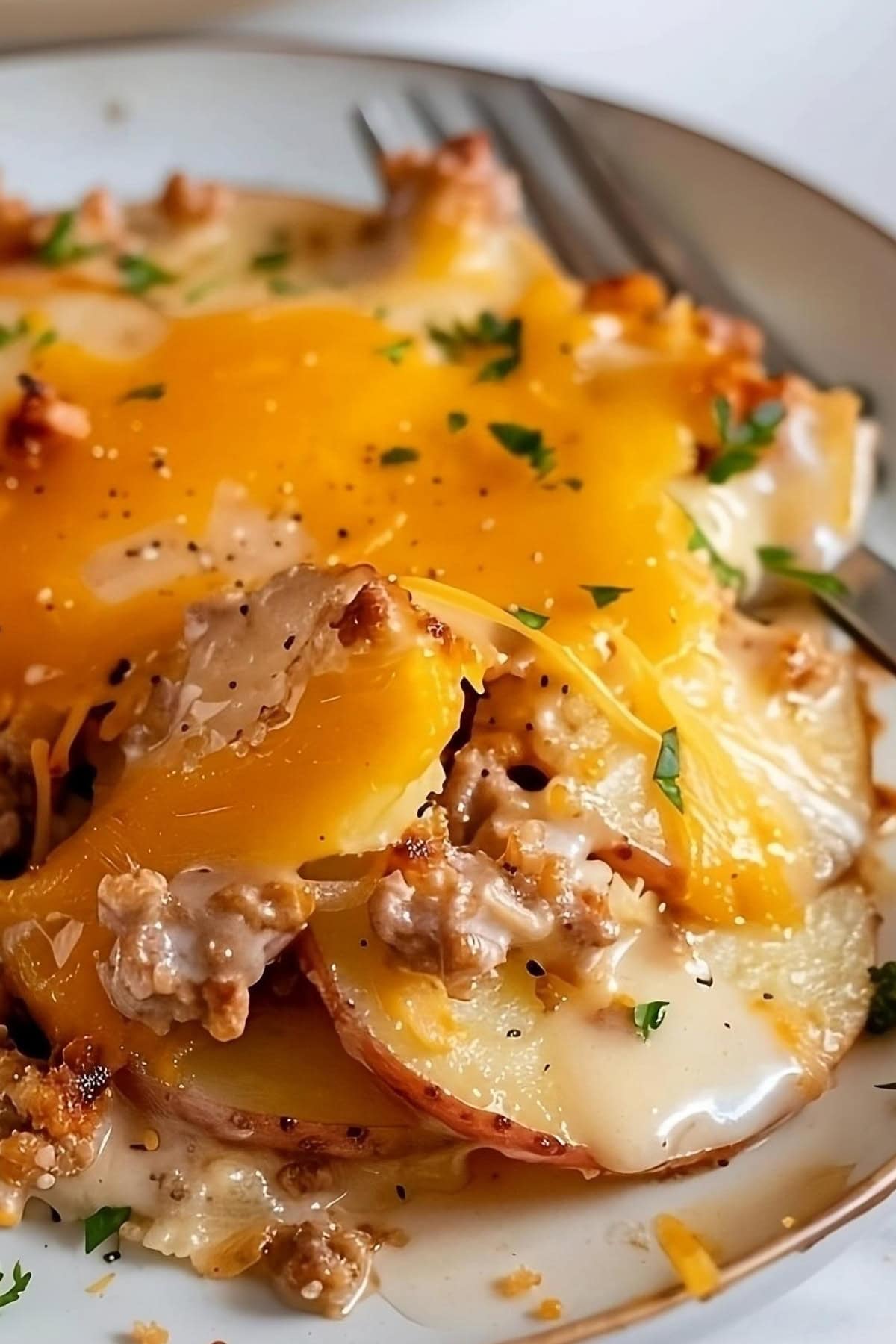 Slice of potato sausage casserole in a white plate.