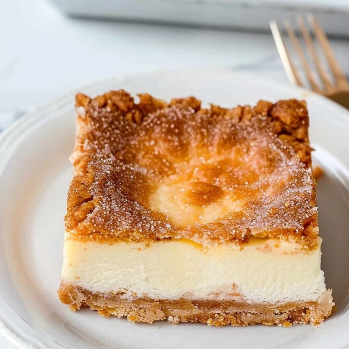 Slice of cheesecake crescent rolls in a plate, fork beside it.