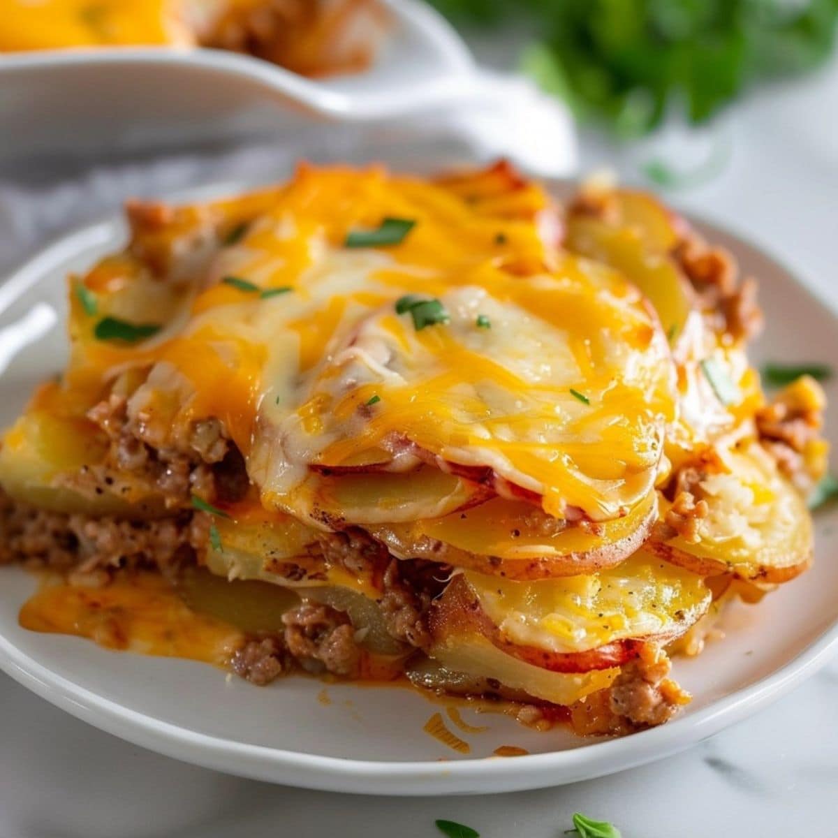 Sausage potato casserole serving in a white plate with fork.