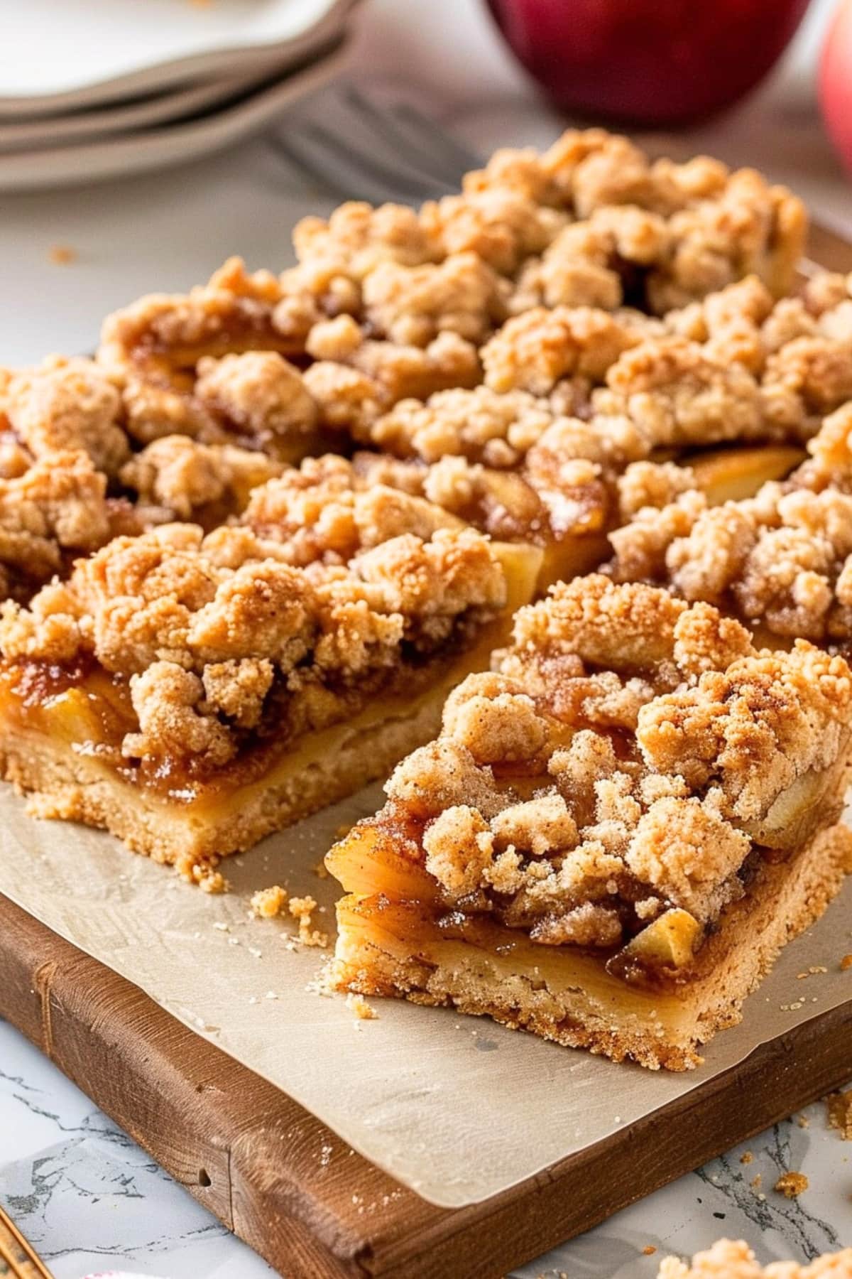 Sliced apple pie bars in a wooden board.