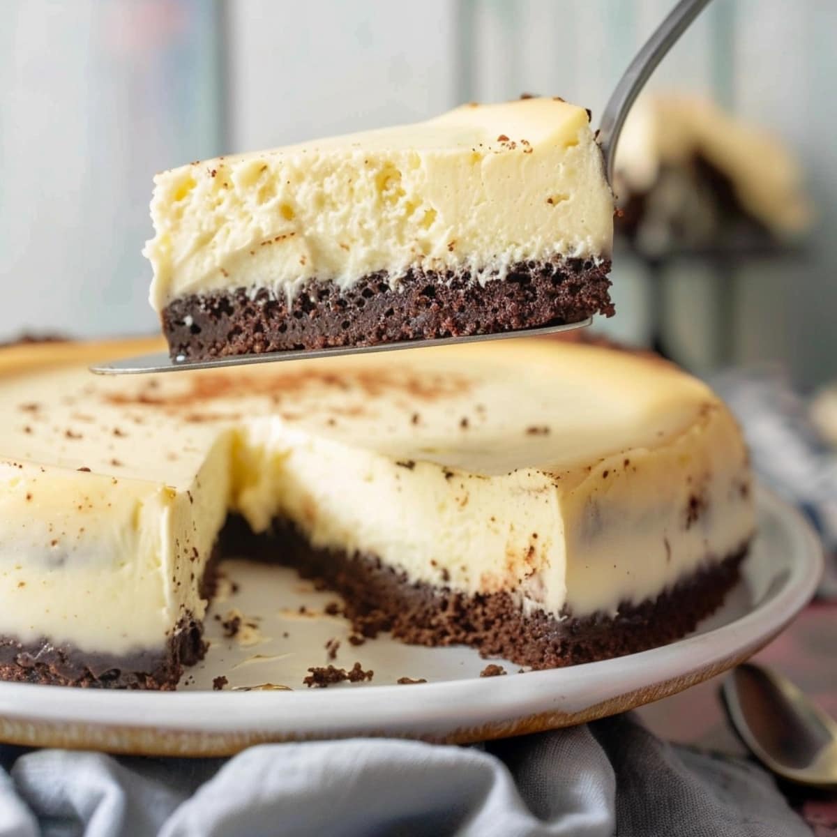 Cake slice picking up a slice of brownie bottom cheesecake, with the rest of the cheesecake served on a plate behind.