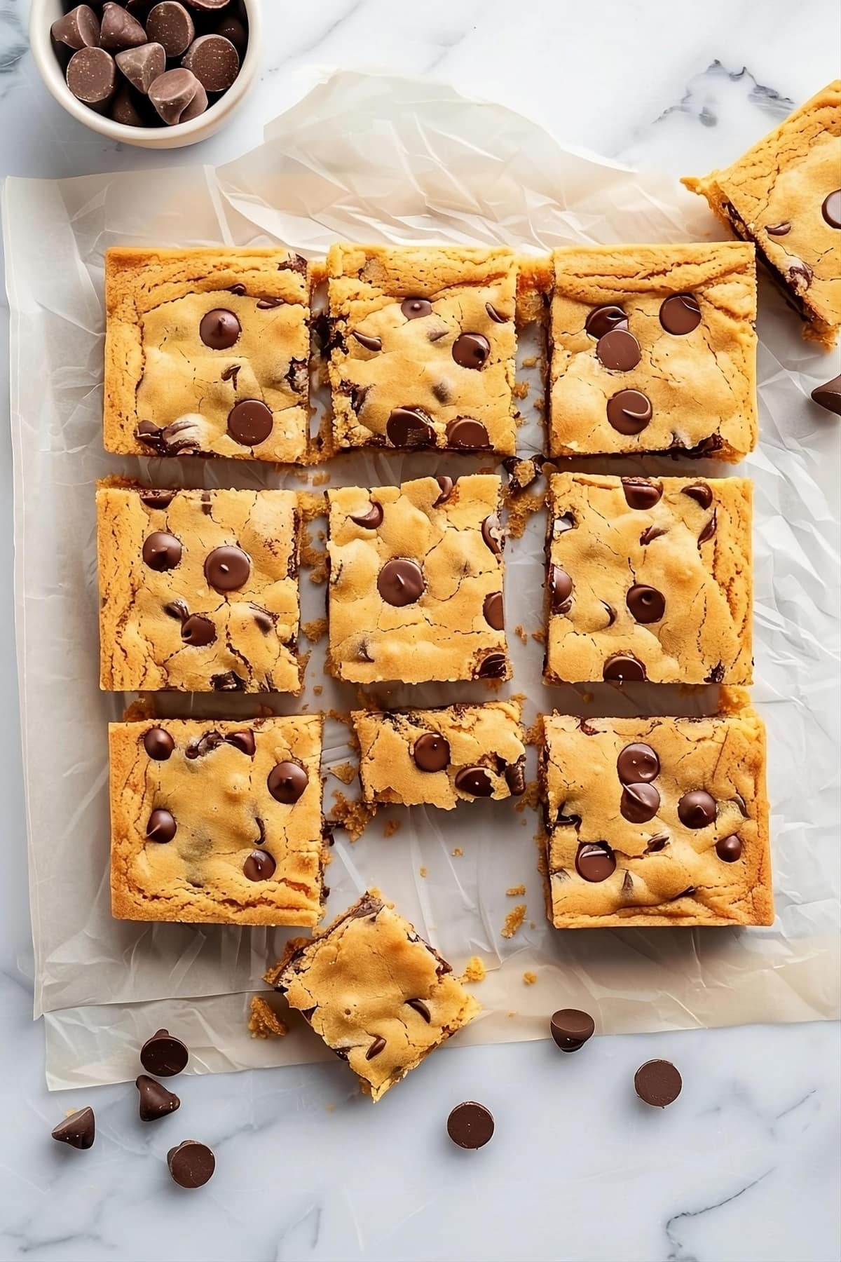 Sliced in squares cake mix cookie bars in a parchment paper on a white marble surface.