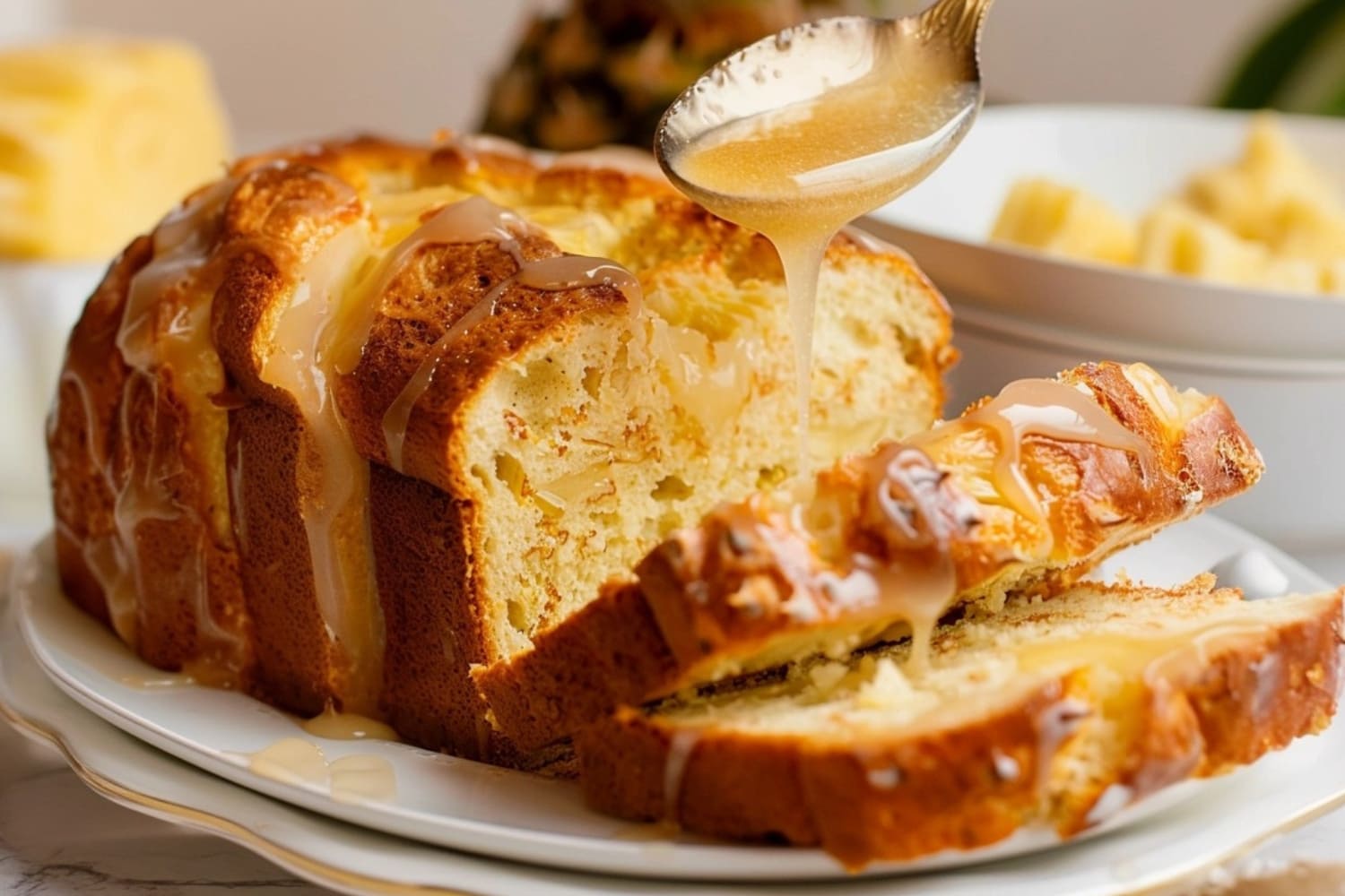 Sliced pineapple quick bread with spoonful of sugar glaze dripping over it.