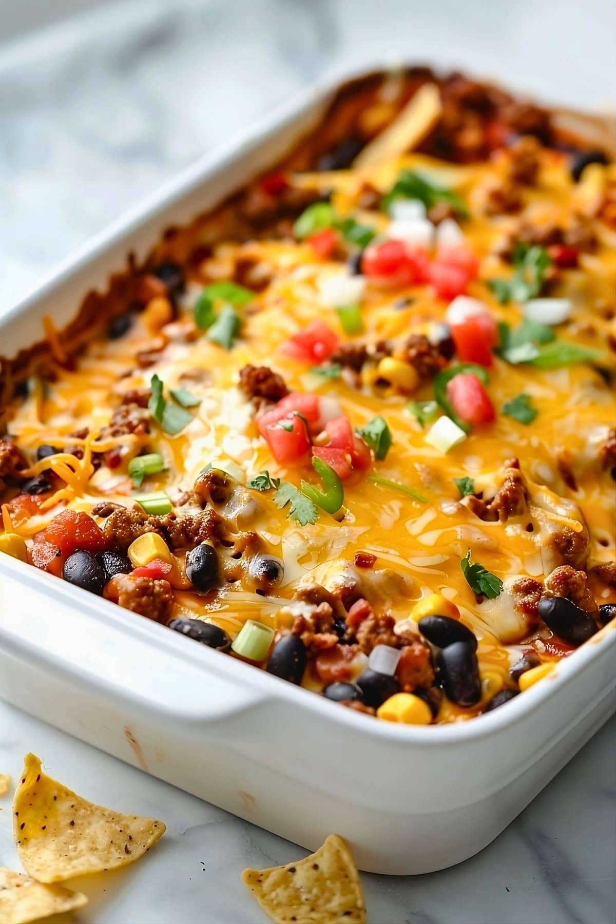 Taco casserole in a rectangular baking dish.