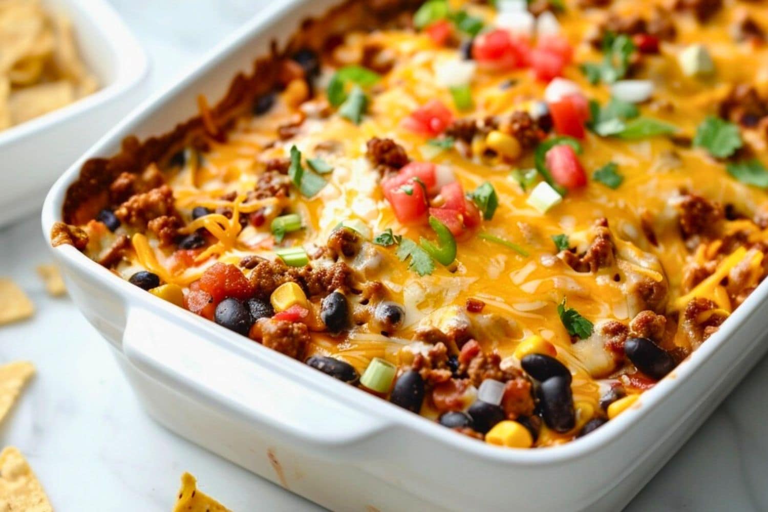 Cheesy taco casserole in a rectangular white baking dish.