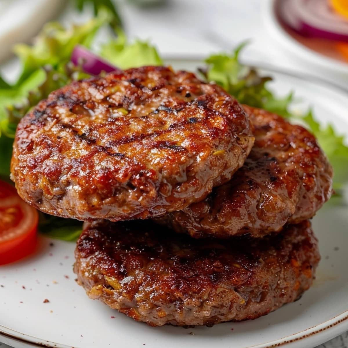 Thick patties stack in a white plate. 