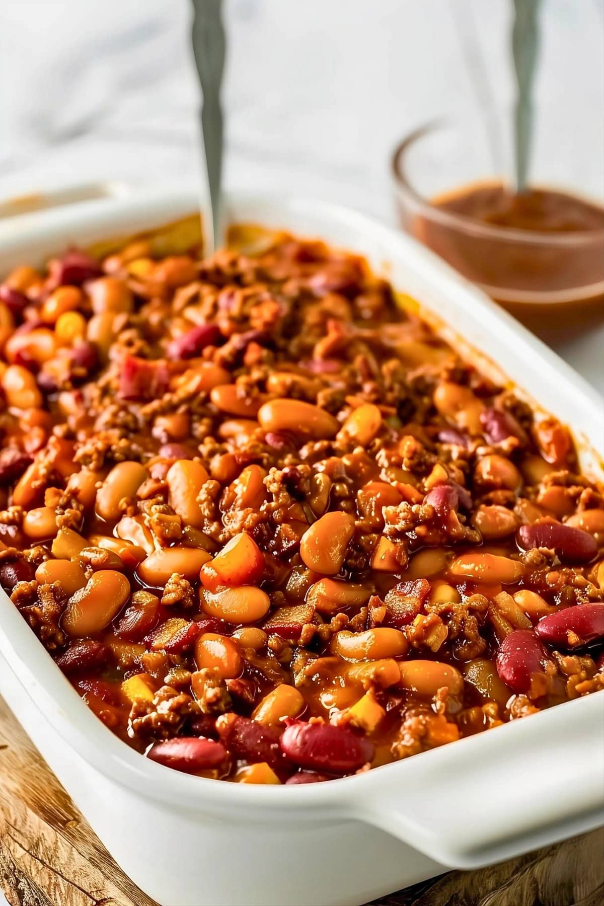 Three bean casserole in a rectangular baking dish.