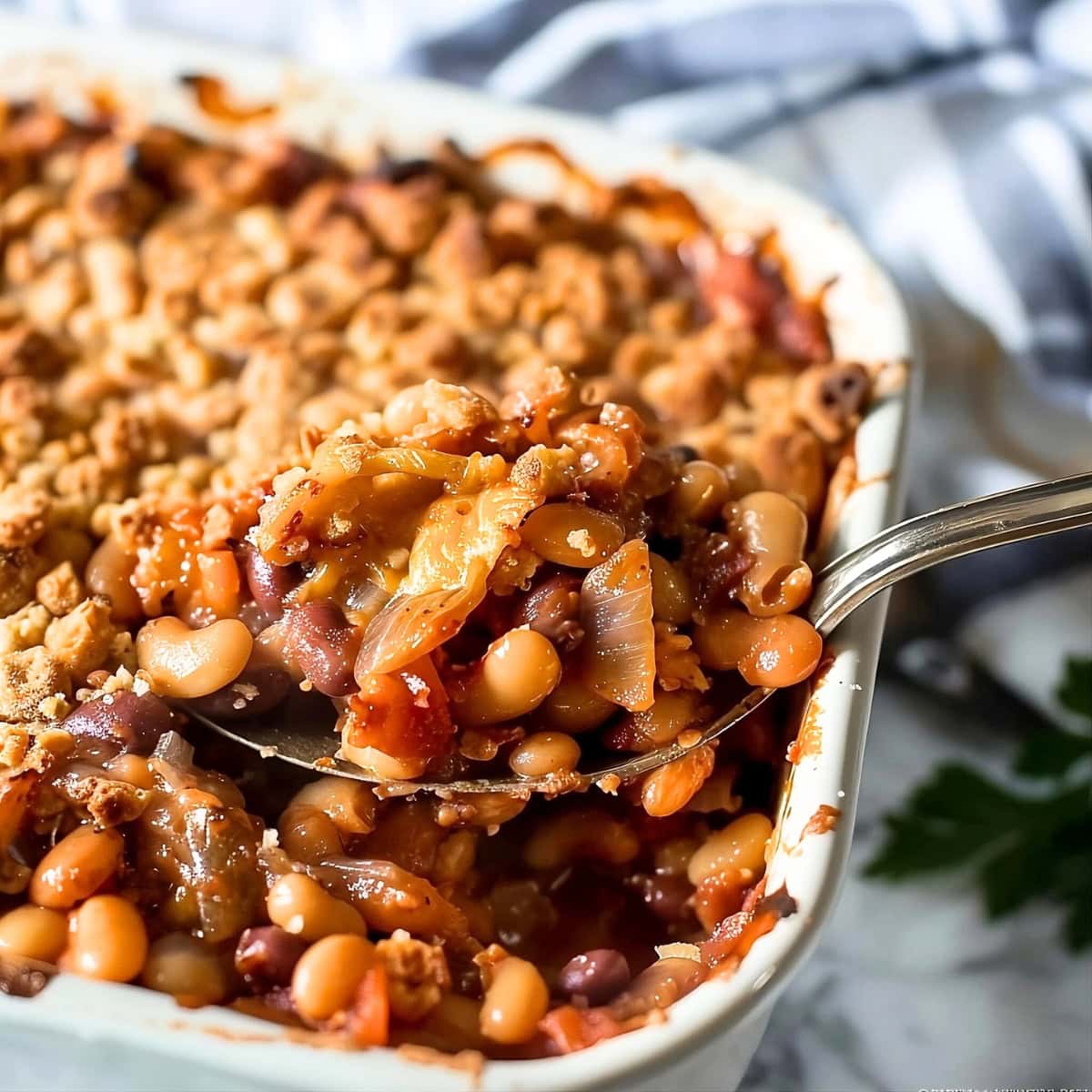 Spoon scooping a serving of three bean casserole from baking dish.