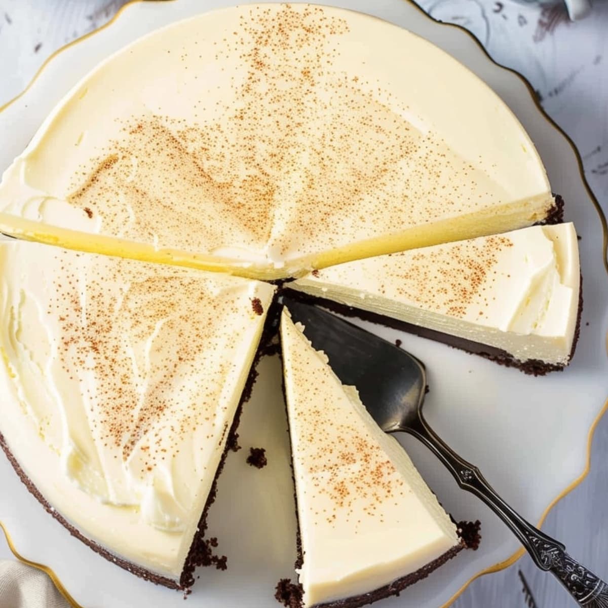 Top view of sliced brownie bottom cheesecake on a cake tray.