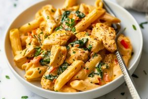 Tuscan chicken pasta garnished with fresh basil.