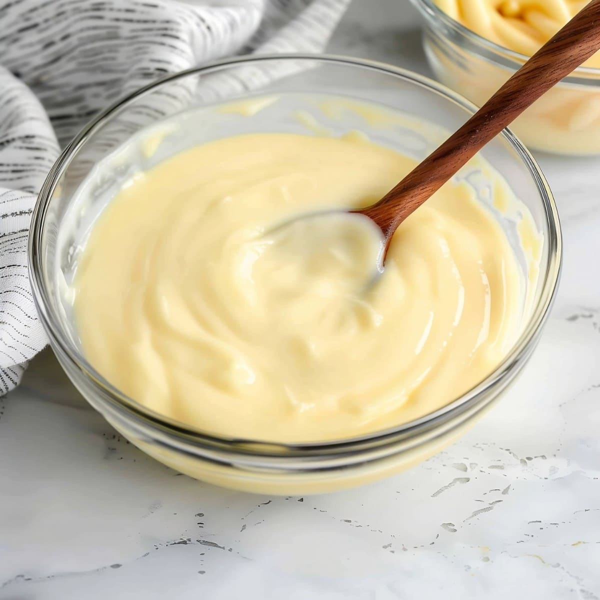 A large glass bowl of vanilla custard with wooden spoon on a white marble table