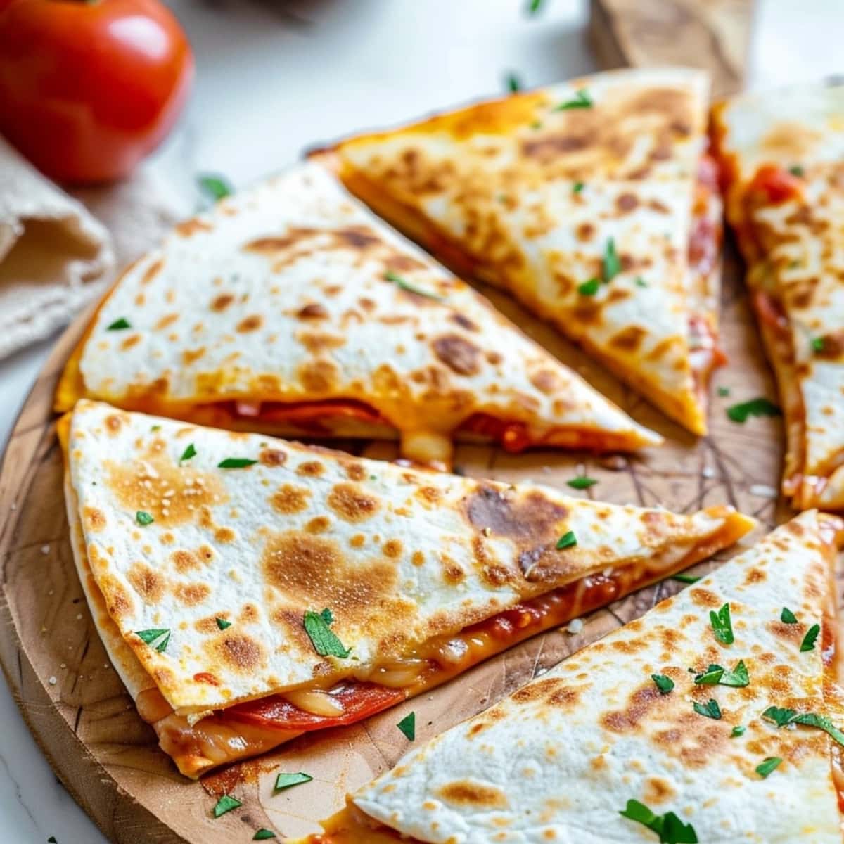 Wedge slice pizza quesadilla in a round wooden board.