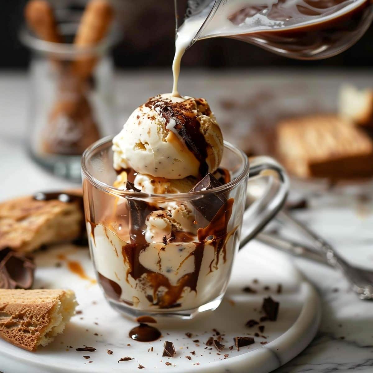 Pouring Espresso Over Ice Cream, Chocolate, and Amaretto in a Glass Mug with Cocoa Powder and Chocolate Drizzle on a White Plate with Biscotti