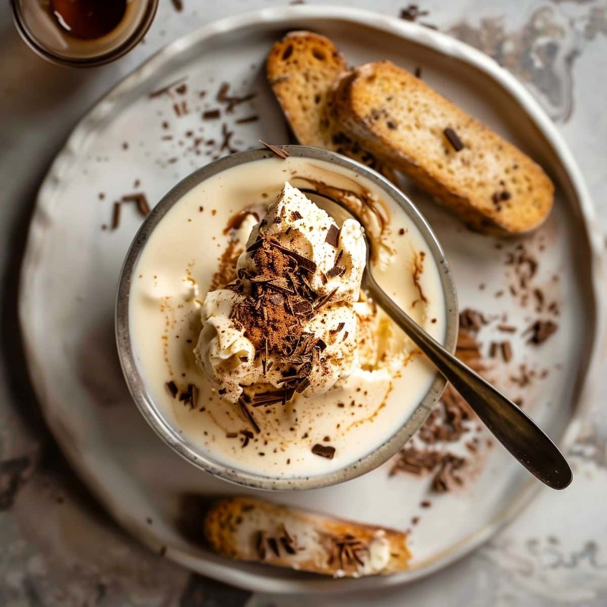 Top View Affogato in a Glass Mug on a Grey Plate with Biscotti, Chocolate Shavings, and a Spoon