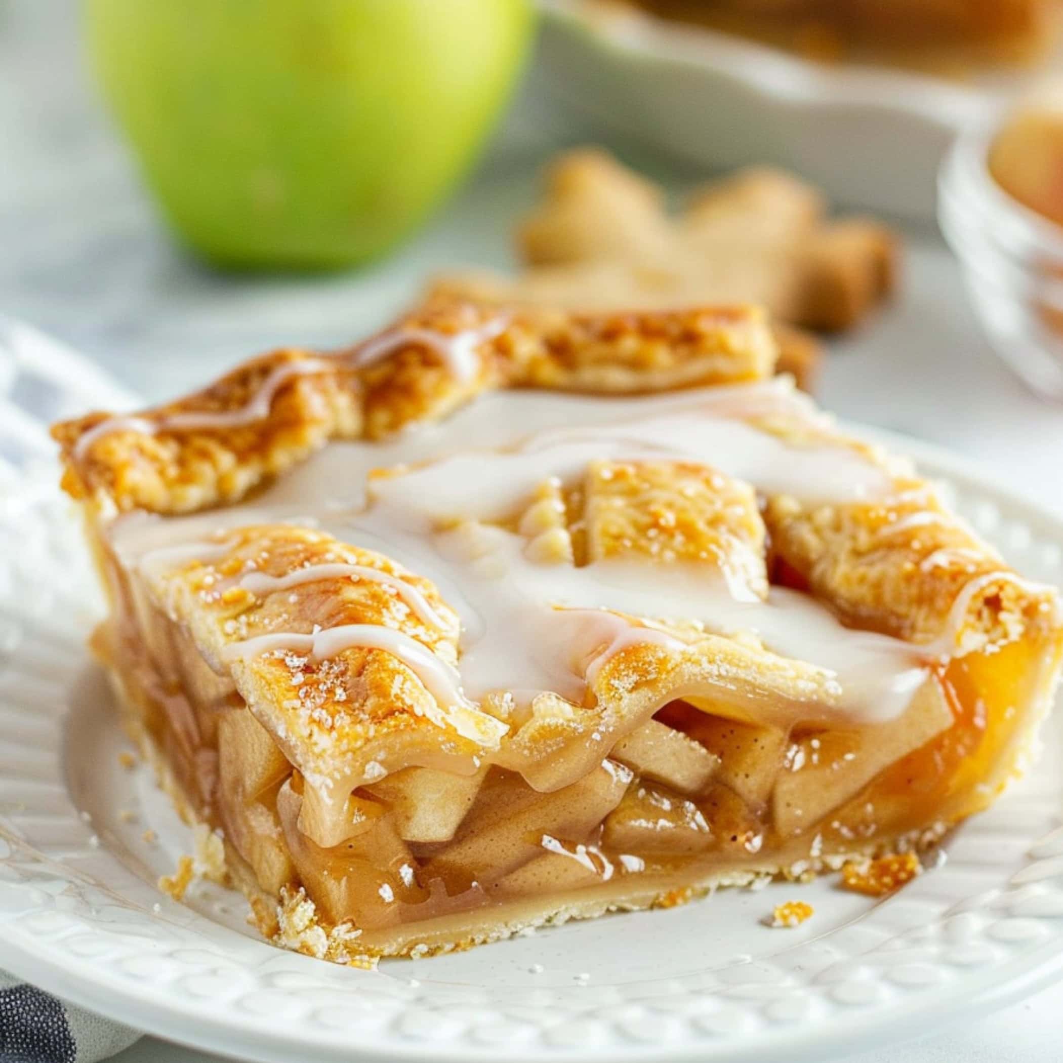 Apple slab pie slice in a white plate with sugar glaze.