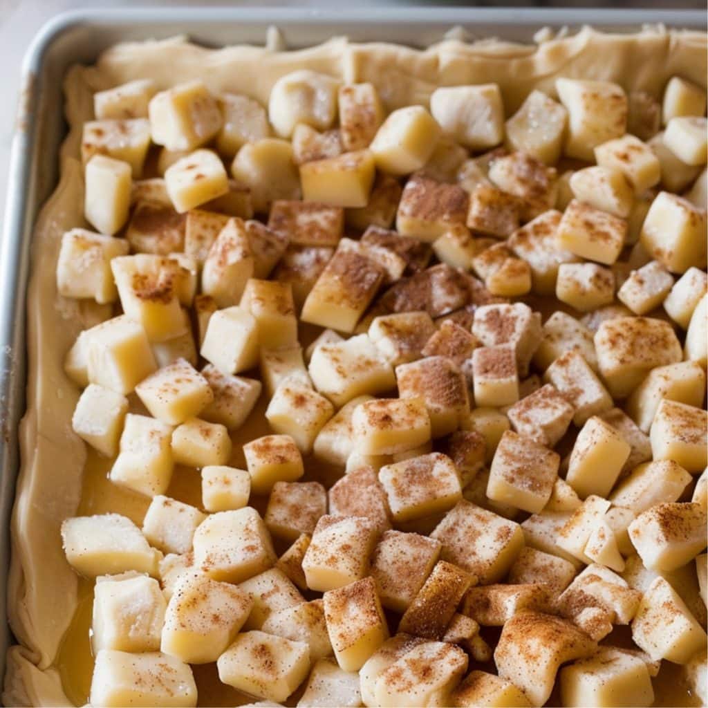 Apple cubes with cinnamon in pastry dough case on a baking sheet.